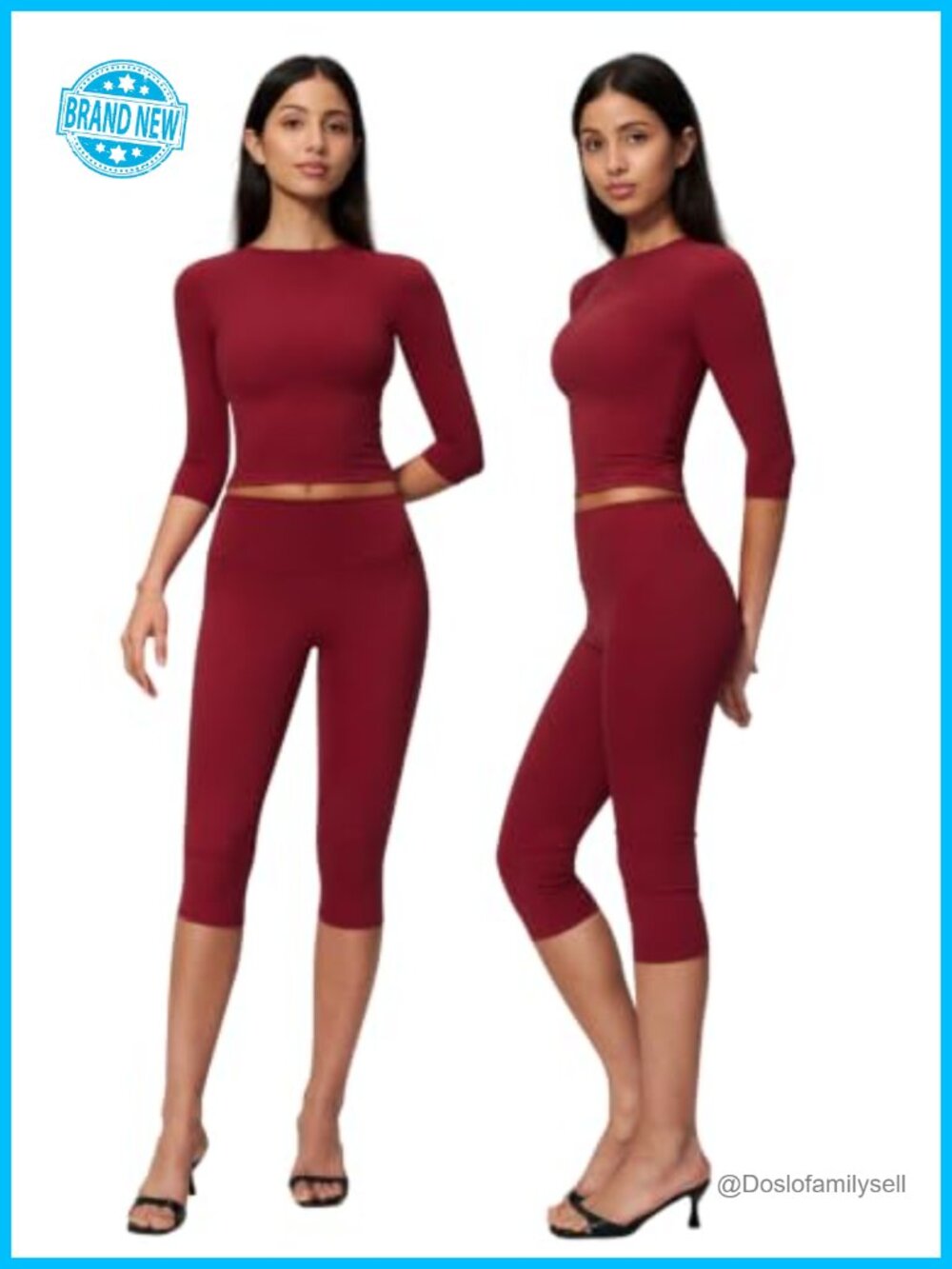 Women 2 Piece Workout Set 3/4 Sleeve Top Wide Leg Capri Pants Yoga Outfit
